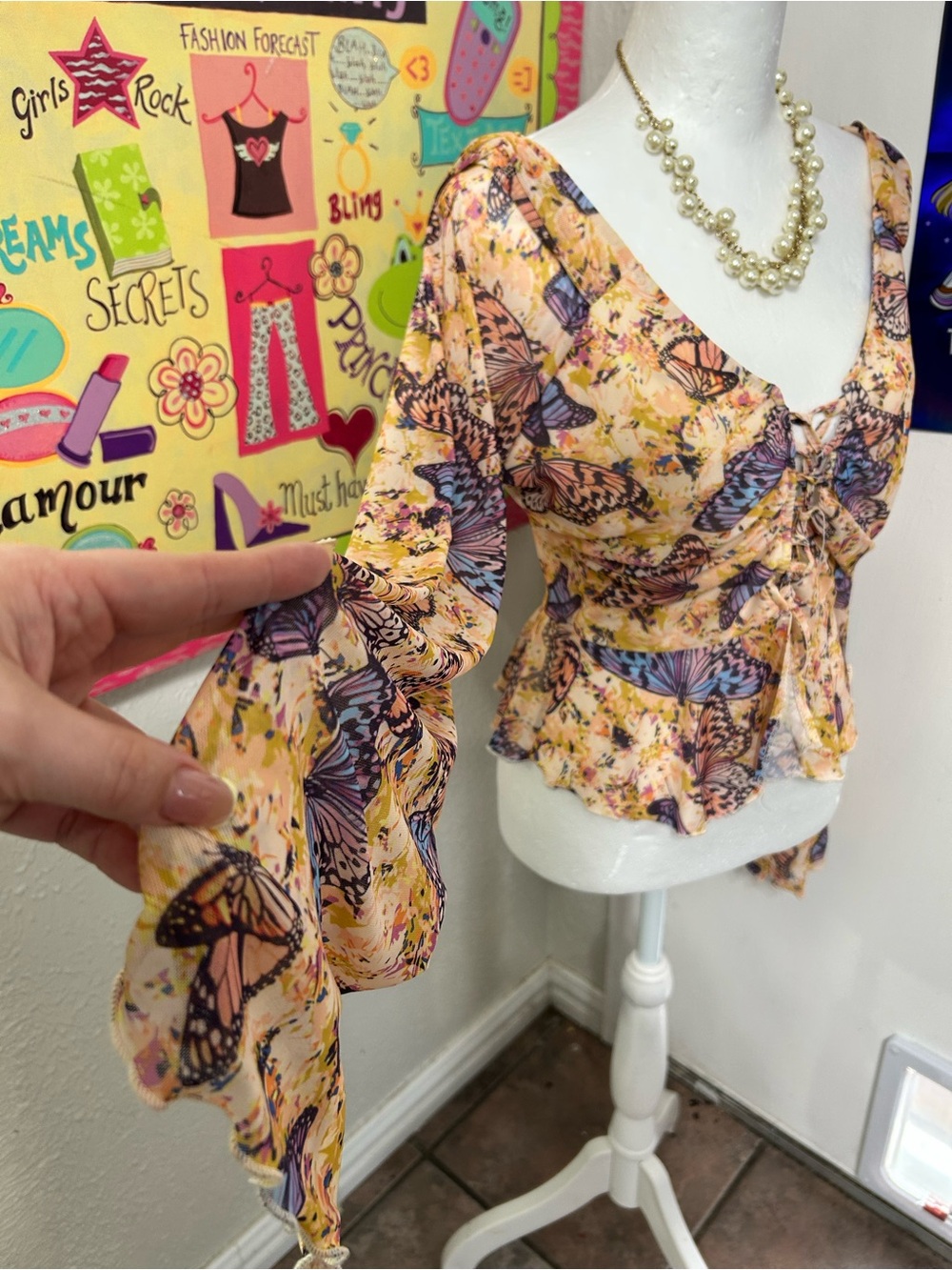Butterfly Print Peplum Blouse - Peach Floral - Picture 6 of 8